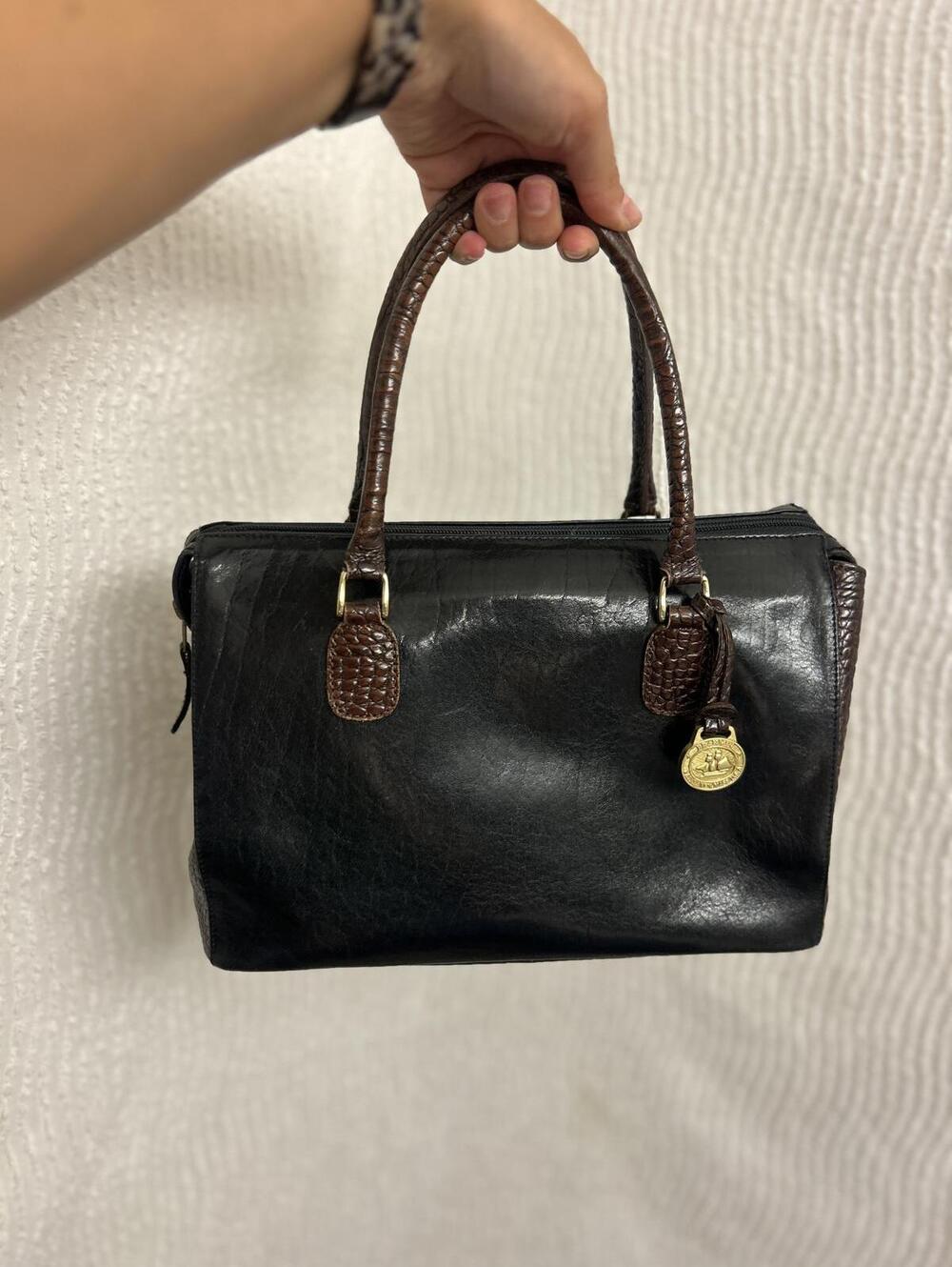 Brahmin Shoulder Bag Black with Brown Croc Trim Leather Purse Classic